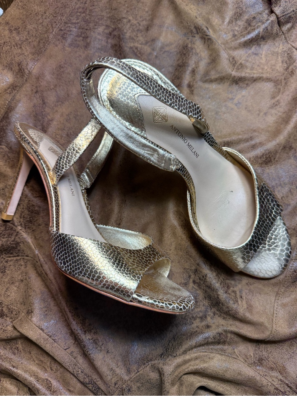 ANTONIO MELANI Gold Snake-Embossed Slingback Heels